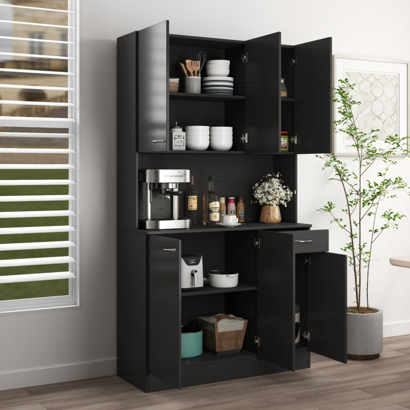 70.87" Tall Wardrobe& Kitchen Cabinet, With 6-Doors, 1-Open Shelves And 1-Drawer For Bedroom, Black
