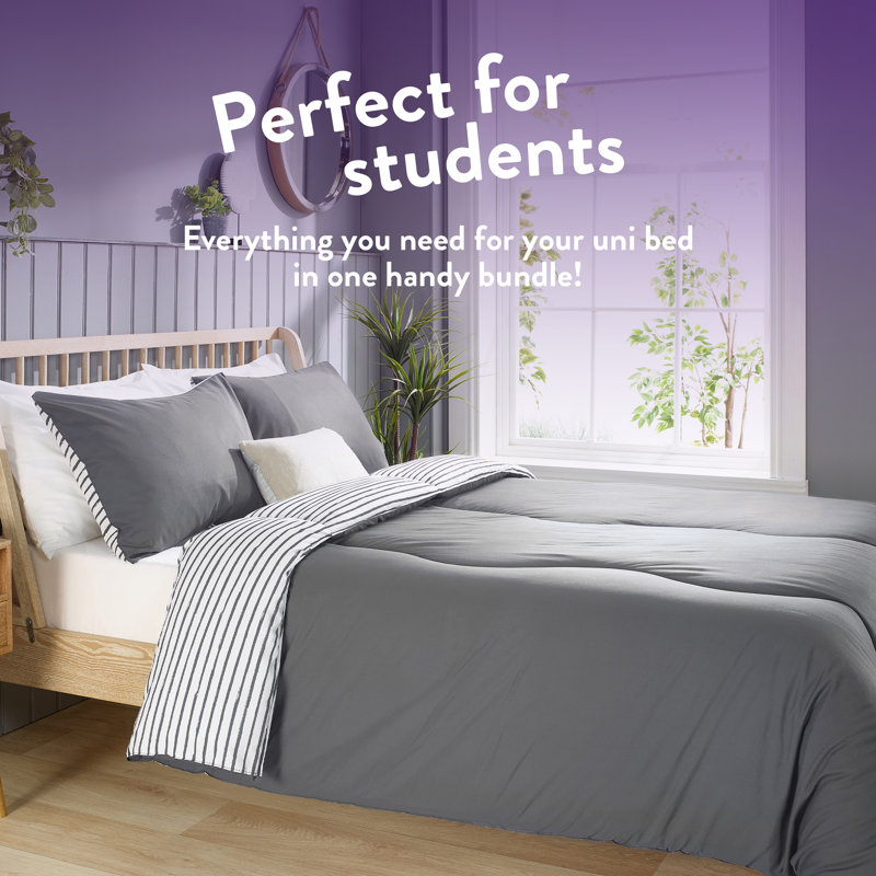 Back to Uni Grey Printed Stripe 10.5 Tog Duvet, 2 Medium Pillows, King
