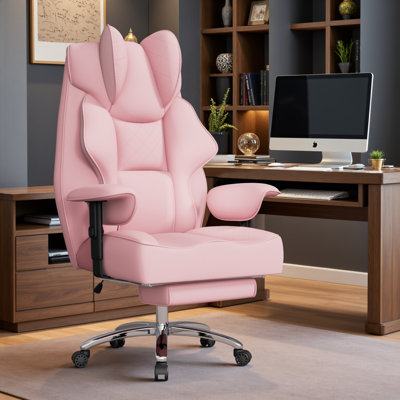 Grand et grand fauteuil de direction avec support lombaire à massage, fauteuil de bureau robuste de 400 lb avec repose-pieds, fauteuil de direction ergonomique en cuir synthétique à haut dossier avec coussin 3D en forme de selle pour bureau personnel, rose