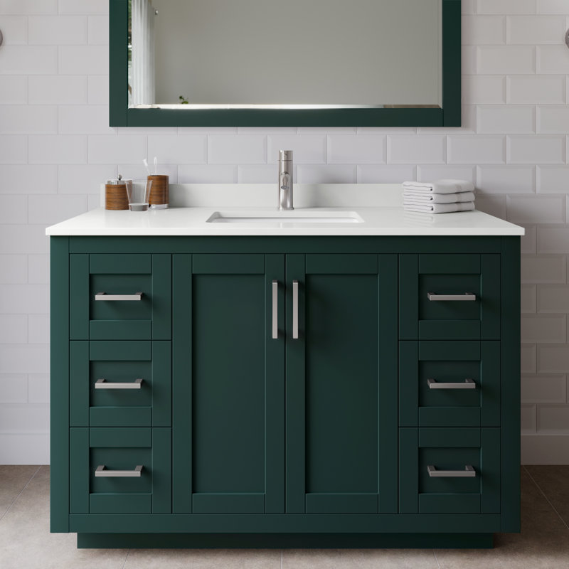 Ensemble de meuble-lavabo simple autoportant 48 po avec plateau en quartz Miranda, Quartz blanc, Vert, Nickel brossé