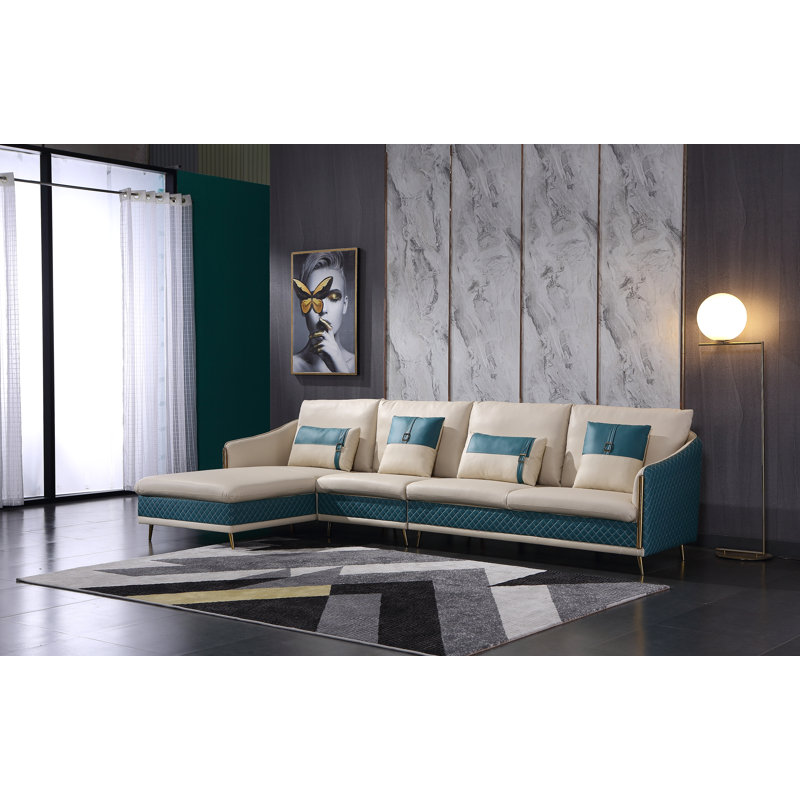 Icaro Sectional, Left Hand Facing, Off White/Blue Genuine Leather