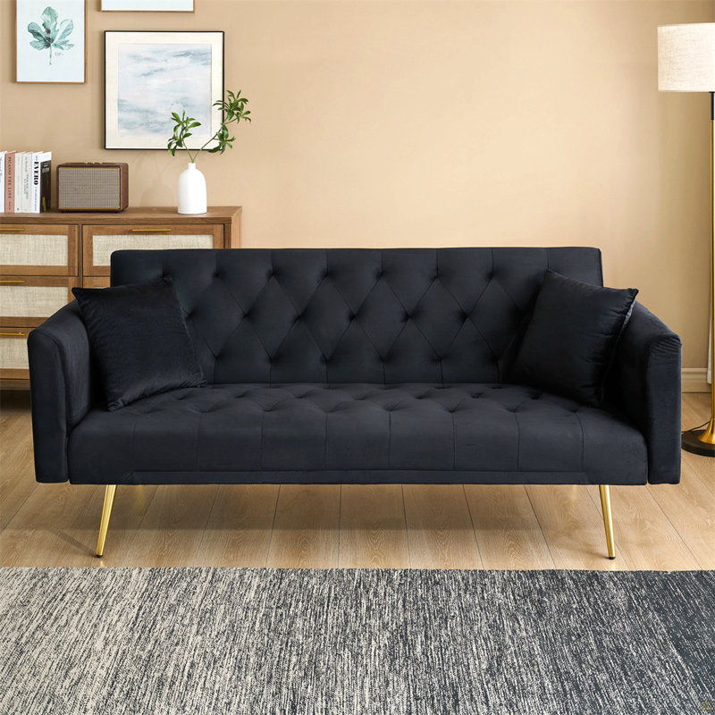 Canapé double pliable de 71 pouces, de style rétro américain, fabriqué en velours noir, idéal pour les petits salons, les chambres et les bureaux.