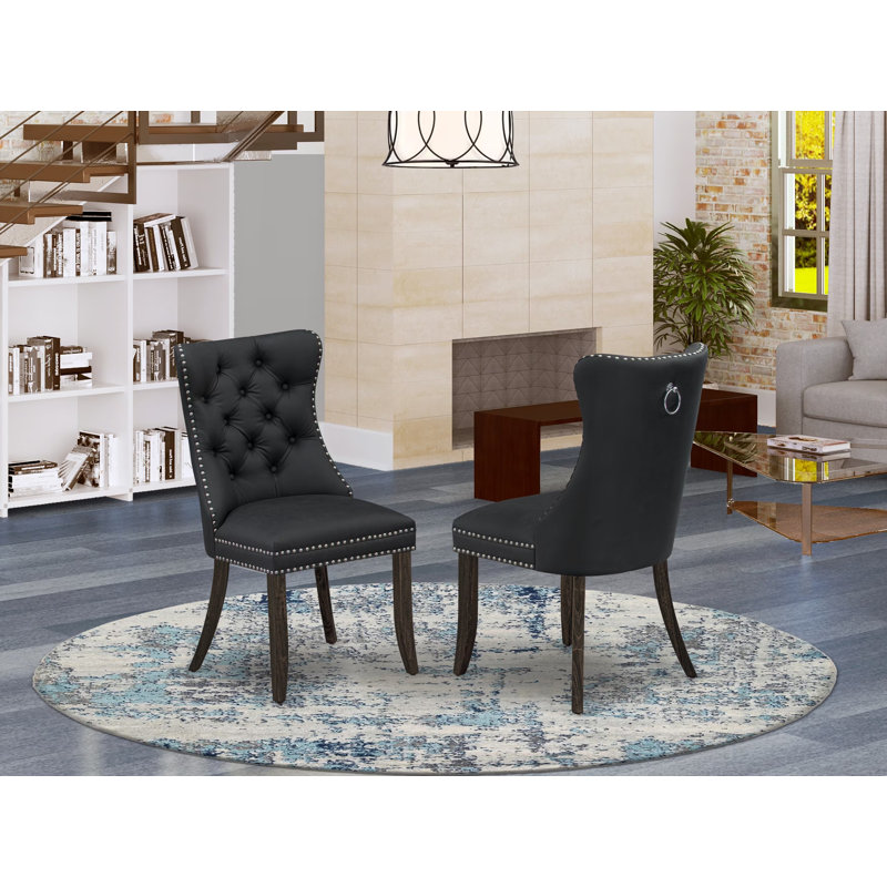 Dallas Parson Chairs - Button Tufted Nailhead Dark Gray Polyester Fabric Padded Dining Chairs, Set of 2, Distressed Jacobean