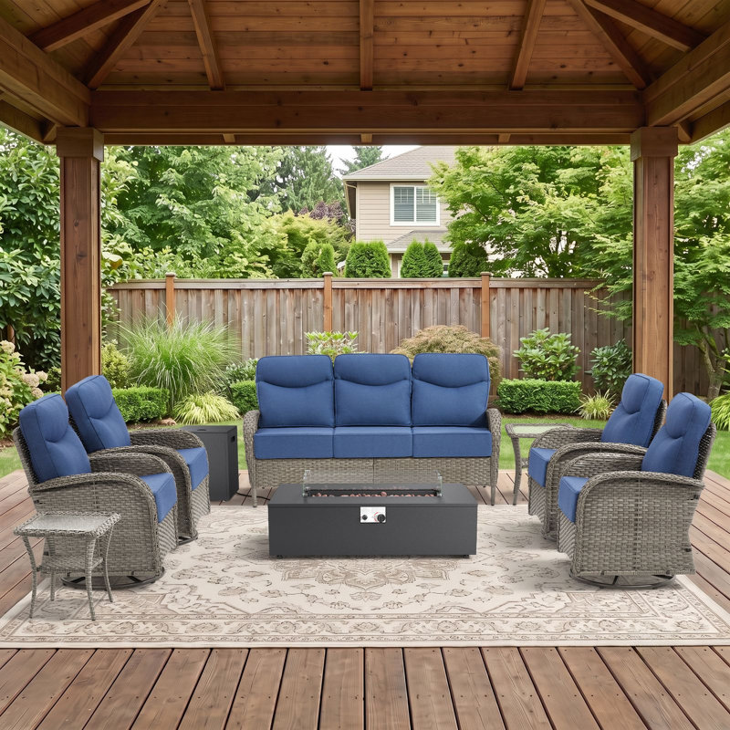 Ensemble de conversation pour foyer extérieur en osier 8 pièces avec canapé et chaises pivotantes 8 pièces, Bleu, Gris