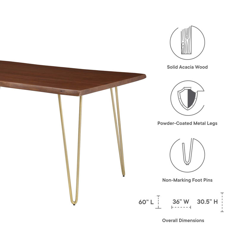 Modway Ardour 60" Live Edge Acacia Wood Rectangular Dining Table, Gold
