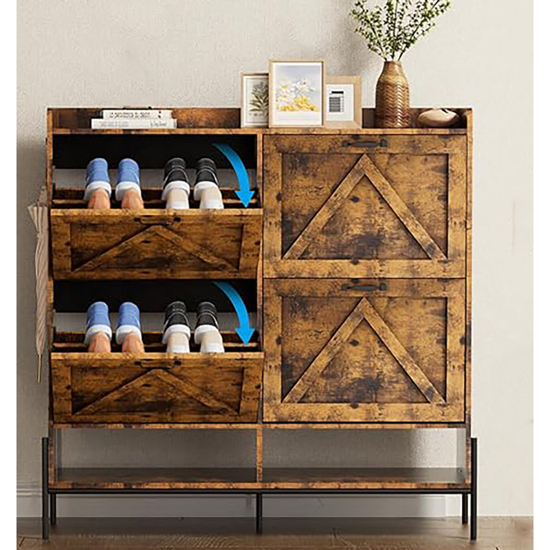 Freestanding Shoe Cabinet With 4 Flip Drawers, Brown Wood