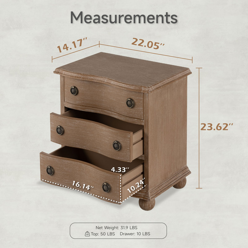 Farmhouse 3 Drawer Nightstand With Curved Front, Brown