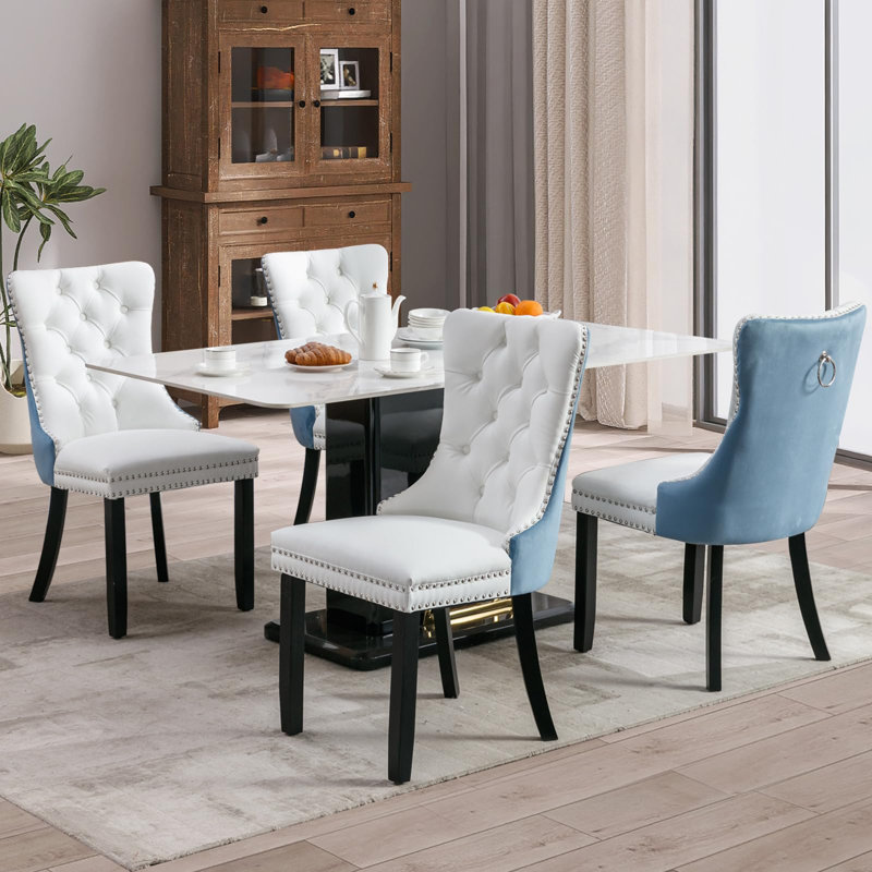 Chaises de salle à manger, chaise de salle à manger rembourrée haut de gamme avec anneau clouté, Noir, Blanc / velours bleu
