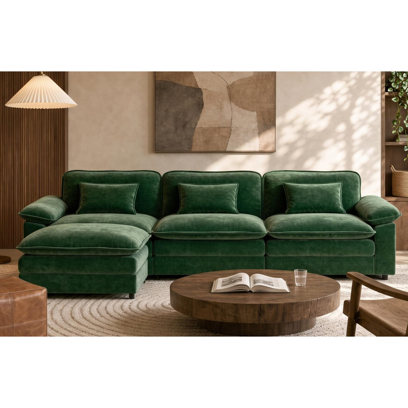Canapé d'angle modulaire de 310 cm, canapé nuage en forme de L pour salon, vert, canapé confortable 4 places surdimensionné, structure robuste, tissu chenille doux, avec 3 coussins décoratifs et un pouf amovible
