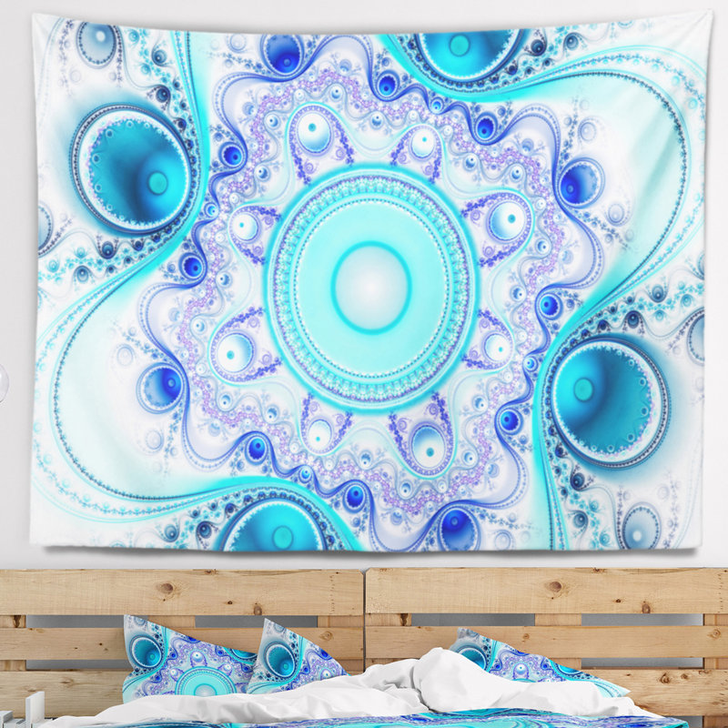 Tapisserie abstraites et cercles ondulés turquoise, H 50 po x l 60 po