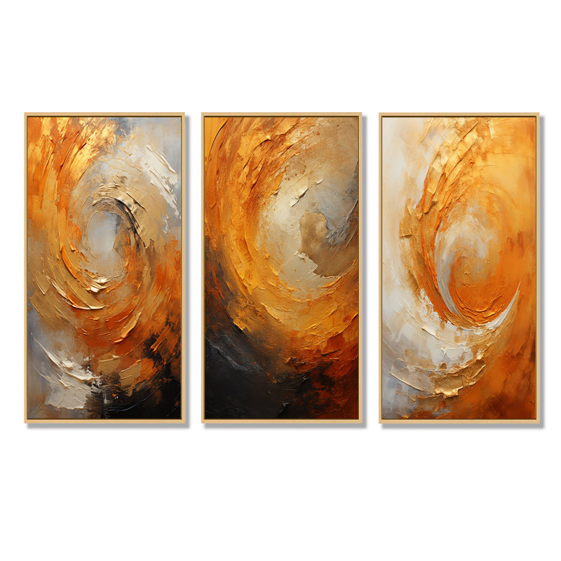 Or, orange, désert, mirage en spirale, H 40 po x l 60 po, Cadre flottant brun