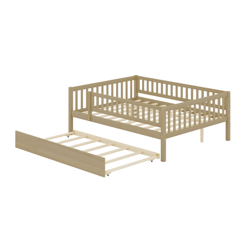Lit de jour en bois avec couchette et barrière de sécurité, Full/Double, Naturel