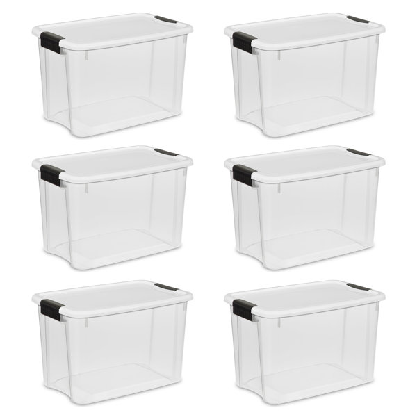 Sterilite 19859806, 30 Quart/28 Liter Ultra Latch Box, Clear with a White  Lid and Black Latches, 6-Pack
