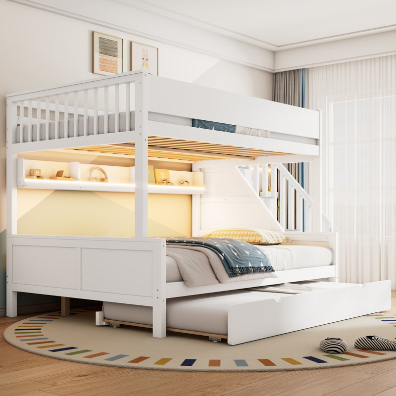 Full XL over Queen Bunk Bed with Storage Shelves, Staircase, Trundle, and LED Light, White Finish, White
