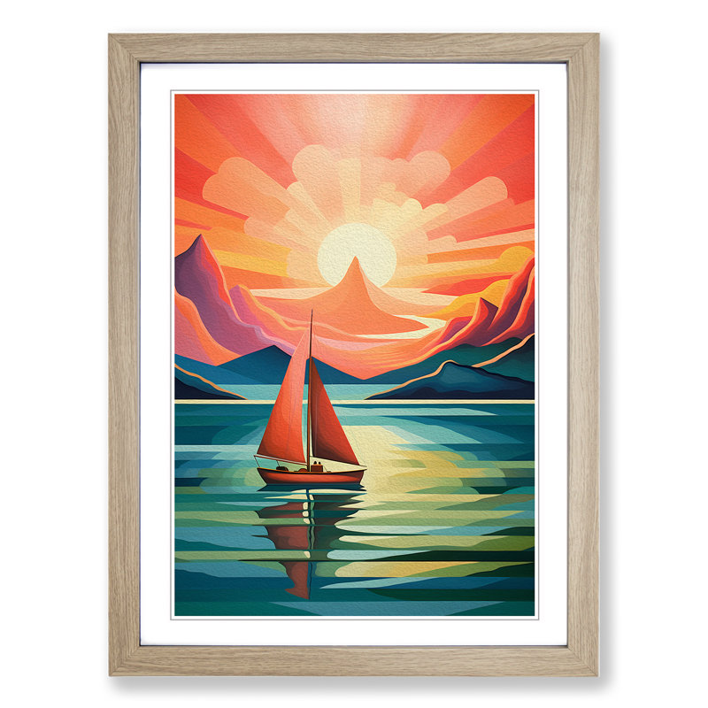 Boat on a Lake Art Deco Art - Framed Print, Oak Framed, 64cm H x 46cm W x 2cm D