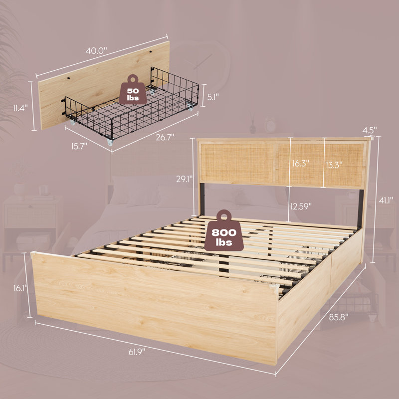 Boho Natural Rattan Storage Queen Bed