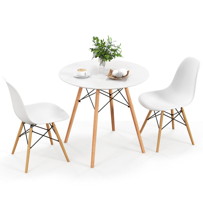 George Oliver 3 Pieces Dining Table Set Modern Round Table & 2 Chairs W/ Wood Leg White