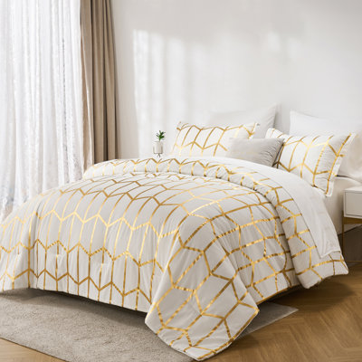  7-Piece Queen Size Metallic Geometric Comforter Set, Modern Gold Foil Chevron Bedding on White, All-Season Microfiber Bed in a Bag with Sheets and Pillow Shams