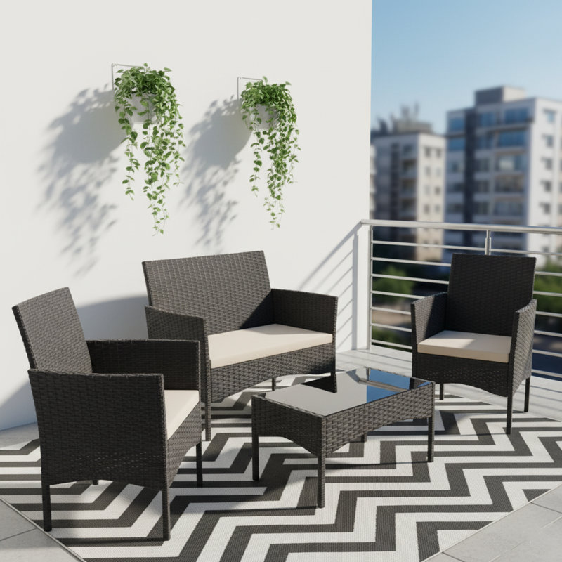 4-Person All-Weather Wicker Patio Conversation Set with Black Tempered Glass Tabletop and Cushions, Tan