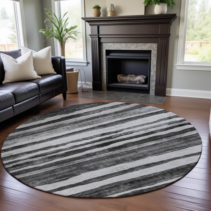 Premium Machine Washable Lyndhurst AMF1191 Stripes Rug, Rond 8 pi