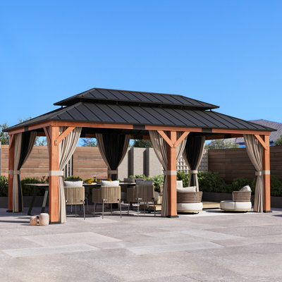 Pavillon de jardin d'extérieur en bois de cèdre avec moustiquaire et rideaux, pavillon à toit double en acier galvanisé