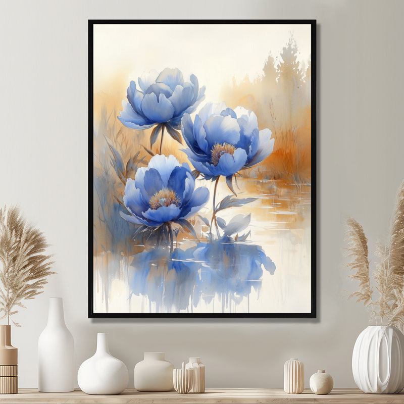 Bleuet bleu pivoines par la rivière II - pivoines, reproduction d'art sur toile, Noir, Reproduction avec cadre flottant