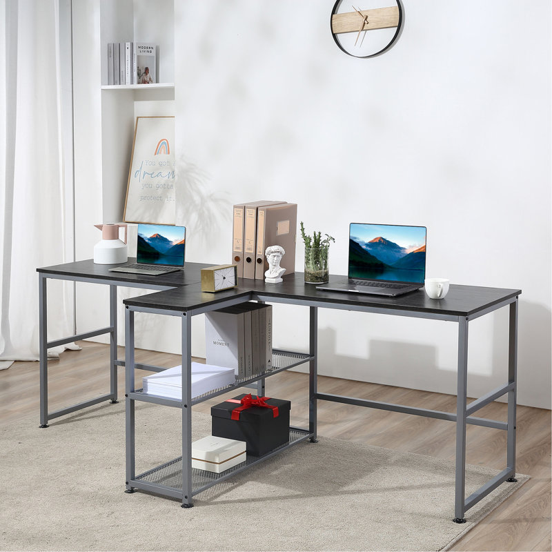 Two Person Computer Desk With 2 Storage Shelves, Double Desk Workstation With Book Shelf, Long Desk Table For Home Office