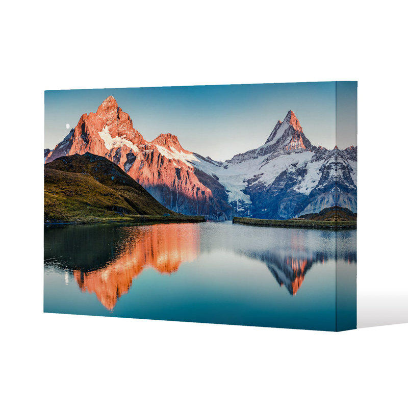 Fantastic evening panorama of Bachalp lake Slim Style Canvas Print, 15mm Slim Real wood., 20 cm H x 30 cm W