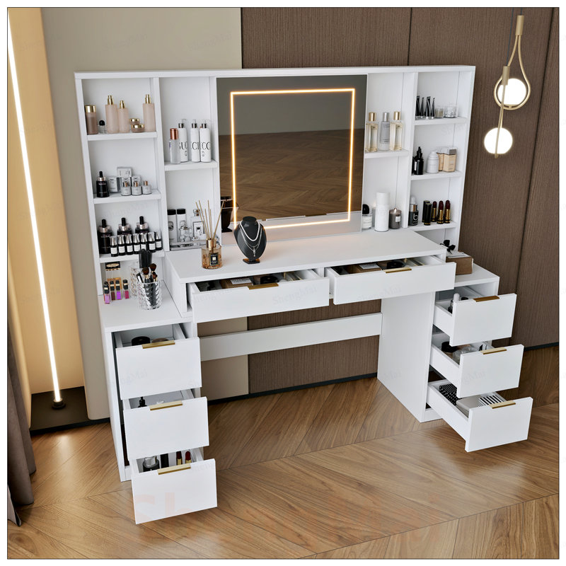 Grand bureau de coiffeuse avec lumières DEL réglables, 8 tiroirs et tablettes ouvertes pour un rangement organisé et des routines de beauté améliorées