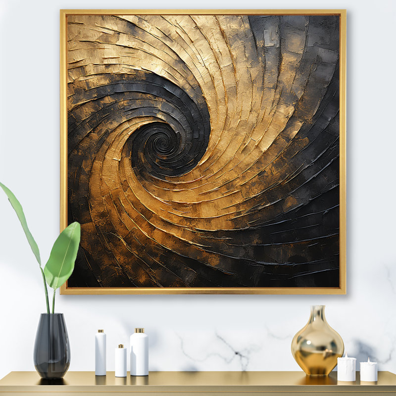 Art sur toile, spirales abstraites dorées et noires, H 30 po x l 30 po x P 1 po, Cadre flottant doré