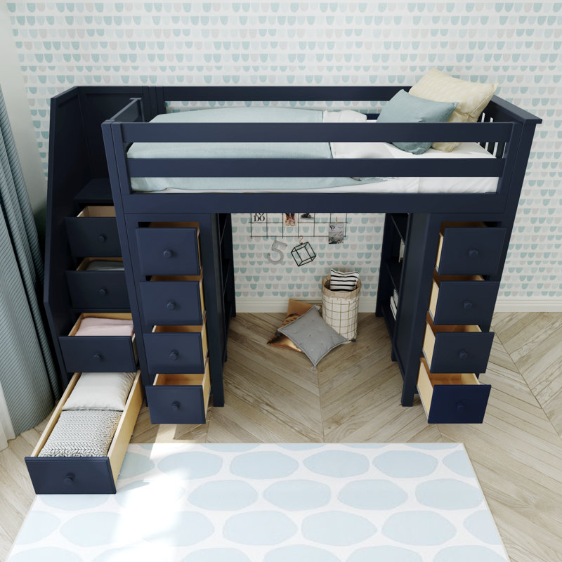 Gannon Kids Twin Loft Bed with Drawers, Blue