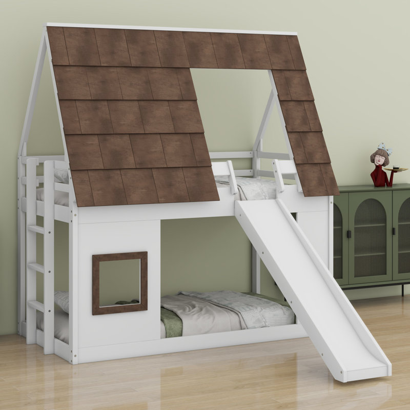 Wood House Bunk Bed With Roof, Ladder And Slide