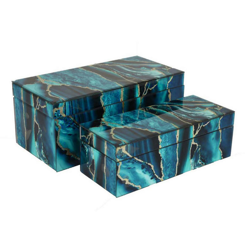 Ensemble de 2 boîtes décoratives en faux marbre Dory, Bleu, noir, doré