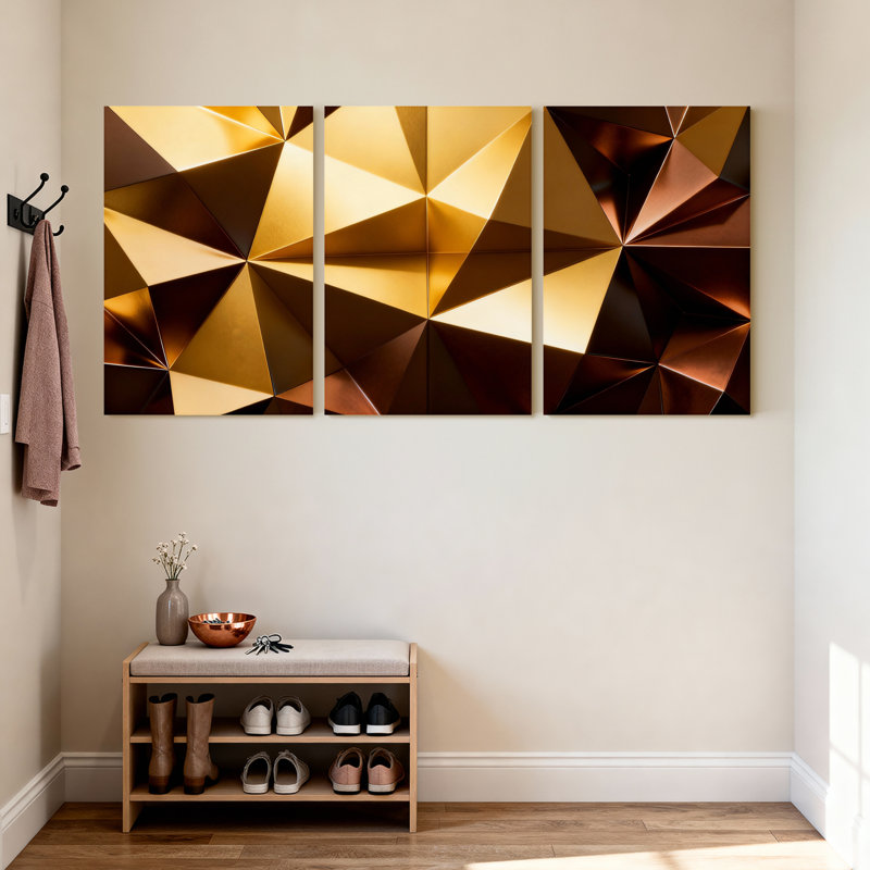 Ensemble de 3 tableaux muraux abstraits géométriques dorés sur toile tendue, H 24 po x l 48 po