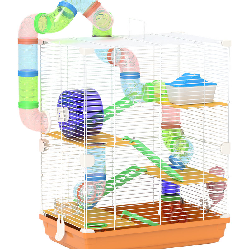 Cage à hamster de 18 po avec 5, tubes, tunnels, poignée de transport, orange, plat de nourriture, bouteille d'eau, roue d'exercice pour petits hamsters et tubes portatifs