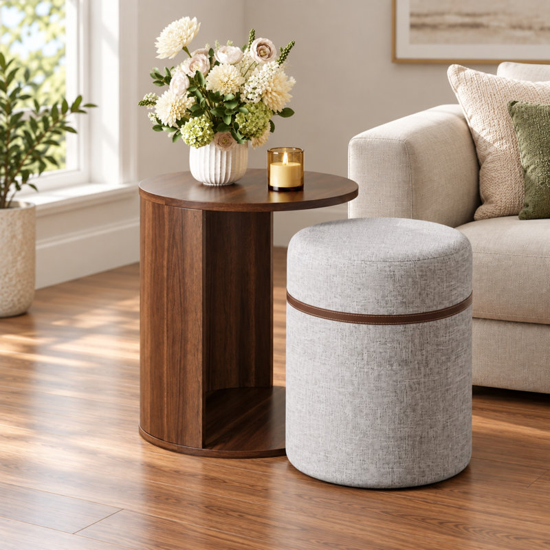 Round End Table with Pull-Out Upholstered Stool and Storage
