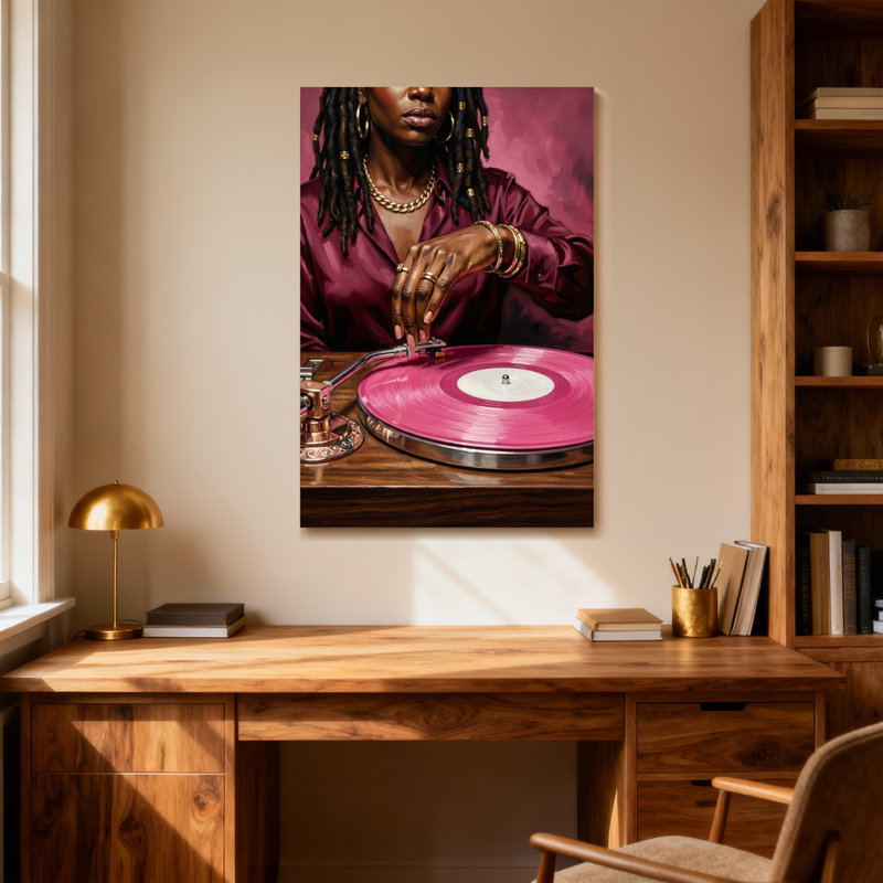 Femme à la mode avec des dreadlocks jouant un disque vinyle rose, H 30 po x l 20 po