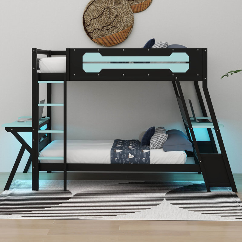 Lit superposé de jeu avec 2 bureaux intégrés, ports de bureau USB et organisateur de panneau perforé, Lit simple, Bleu nuage