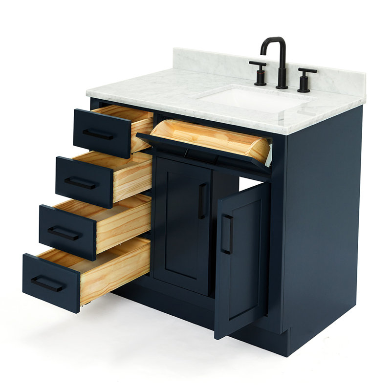 Jameal 36'' Solid Wood Single Bathroom Vanity with 0.75'' Carrara Marble Top, Right Offset Oval Sink, Midnight Blue, Right
