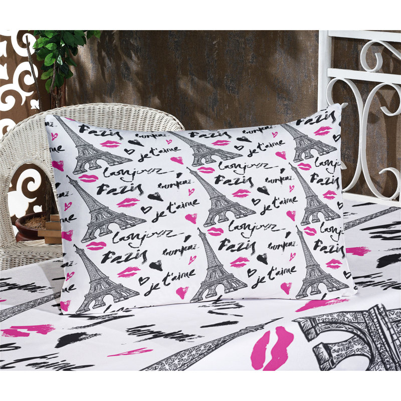 Drap-housse et coussin décoratif Ambesonne Paris - blanc, noir et rose, Ensemble de draps pour lit double + 5 pièces supp