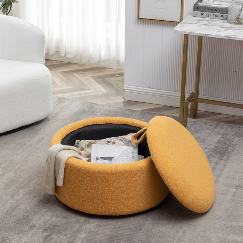 Savinien Upholstered Round Storage Ottoman, Yellow Boucle