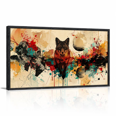 Black Fox With Teal And Red Abstract Paint Splatter Canvas Wall Art