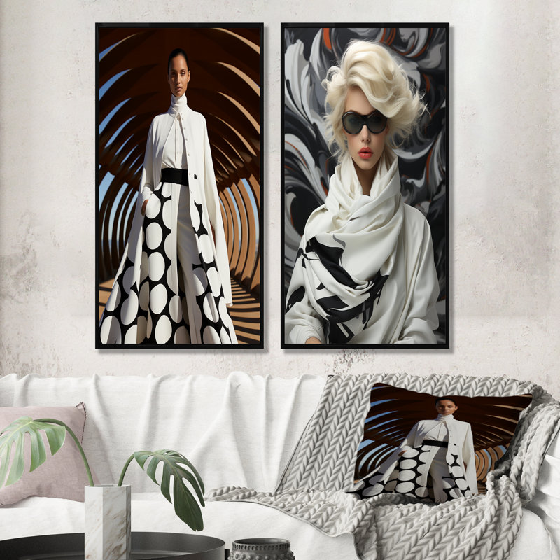 Noir et blanc, mode féminine, élégance dévoilée II - ensemble de 2 reproductions d'art sur toile, Cadre noir