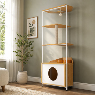 58-Inch Multifunctional Cat Tree with Integrated Cat Condo and Cabinet – Multi-Level Platforms, Scratching Posts, and Feeding Bowls (Pet Furniture)