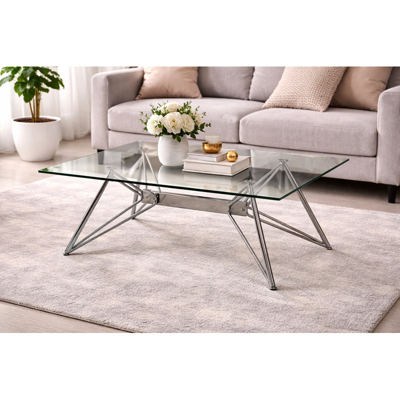 Leora Modern Square Coffee Table – Tempered Glass Top with Gold/Silver Chrome Legs, Silver