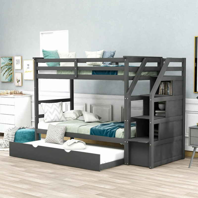 Andrzejewski Kids Twin Over Twin Bunk Bed with Trundle with Drawers, Gray