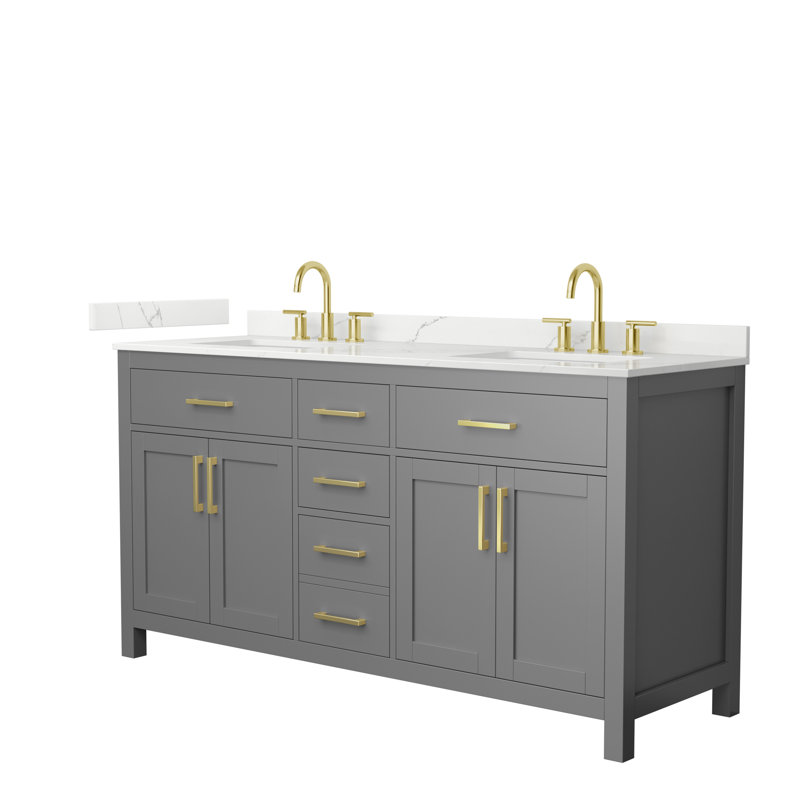 Beckett 66" Freestanding Double Bathroom Vanity with Quartz Top, Brushed Gold, White Quartz, Whitewashed Oak