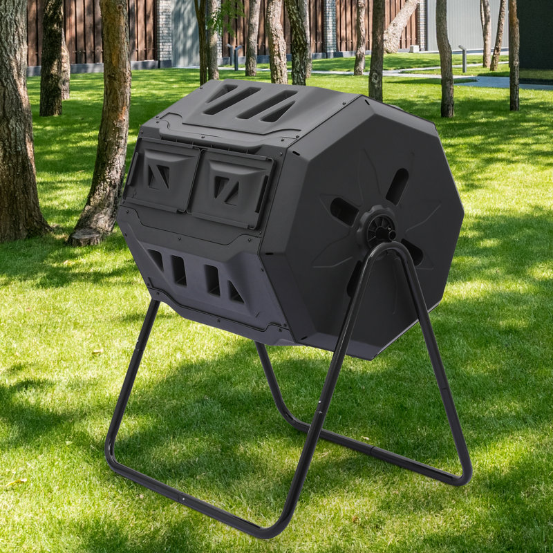 43 Gallon Black Dual Chamber Rotating Compost Tumbler with Gloves