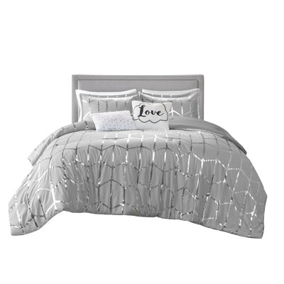 Classy Twin/twin Xl Duvet Cover In Grey And Silver Metallic Geometric Pattern With Buttons Gorgeous Print