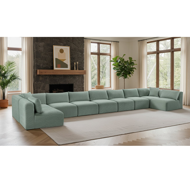 Canapé modulaire Carmean, Velours côtelé texturé velours menthe, 7 sans accoudoirs, 2 en coin